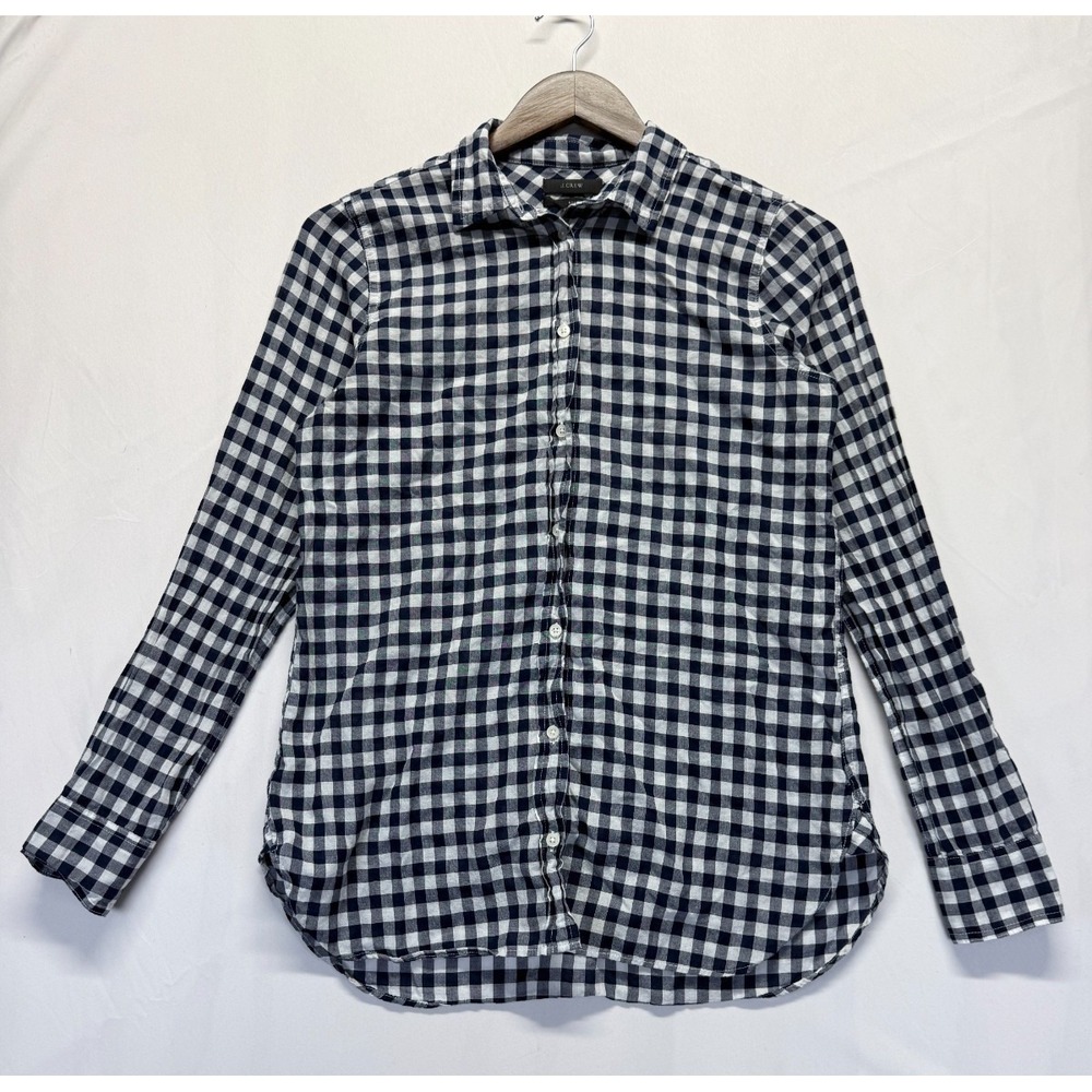 J. Crew Shirt size 2 White Navy Blue Gingham Cotton Stretch Pleated Button Up